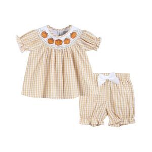 Lil Cactus Smocked Gingham Pumpkin 12-18 mo Baby Girls Matching Set